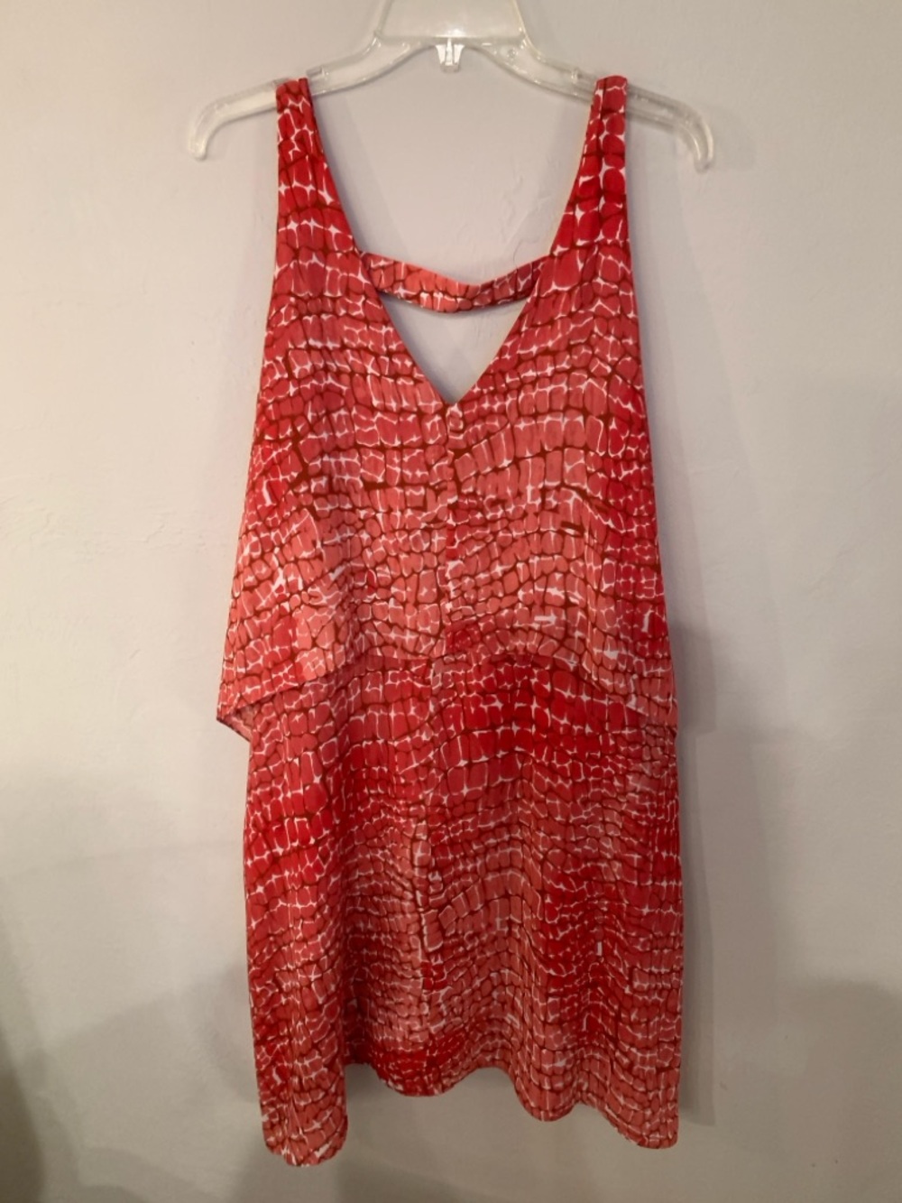 White House Black Market Coral Red Patterned V-Neck mini Dress XL NWT no flaws